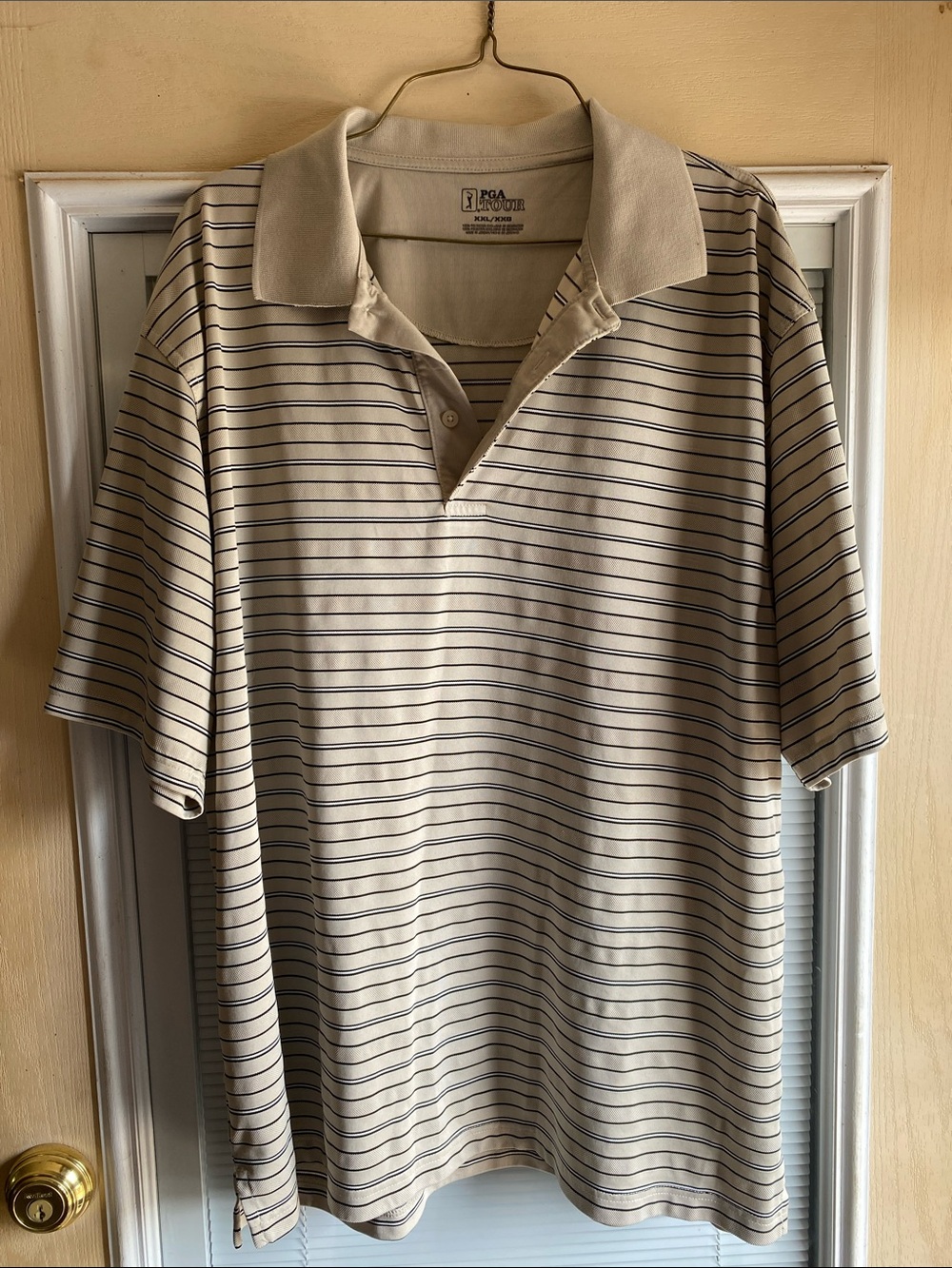 PGA Tour Cream Polo with Thin Black Stripes